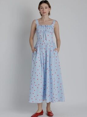 AUREUM Light Blue Maxi Dress with Red Polka Dots